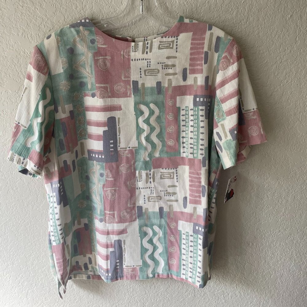 Vintage 90s Pastel Abstract Art Print Short Sleeve w/ Shoulder Pads Made USA